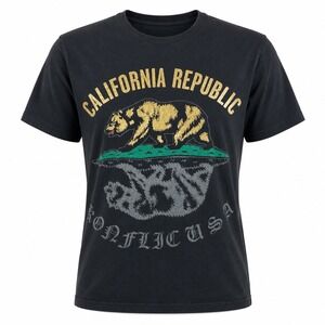 Konflic Mens California Republic S Cotton Black Gold Bear Graphic Tee Streetwear